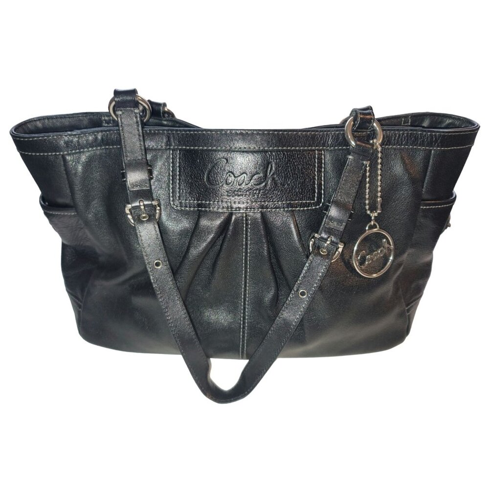 Vintage COACH F13759 Pleated Black Leather East West Gallery Handbag Tote Purse